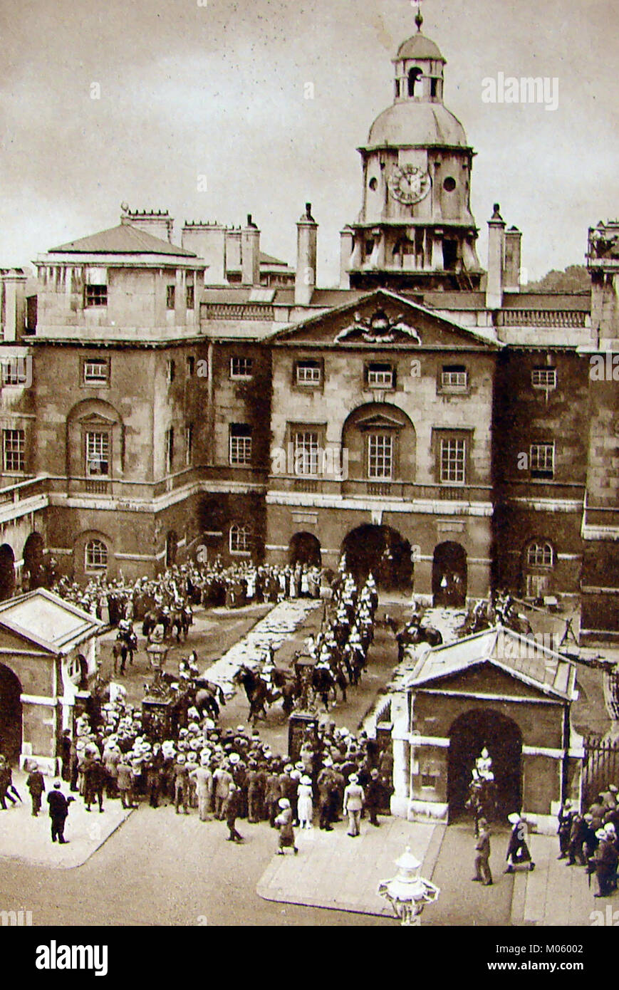 An early sepia postcard showing the changing of the Royal guard at Whitehall, London (circa 1930's/40's?) Stock Photo