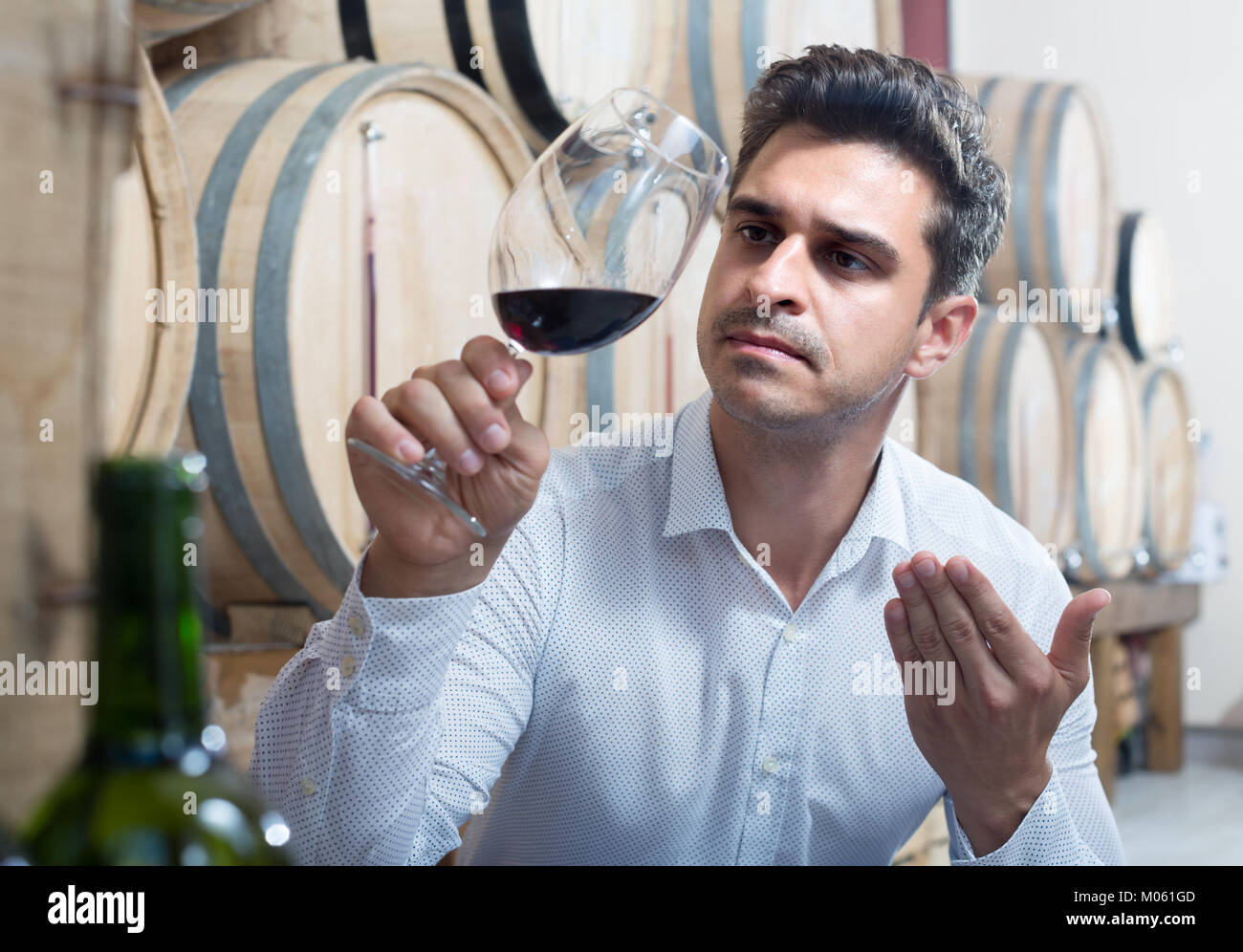positive adult man having wine tasting in cellar with woods Stock Photo ...