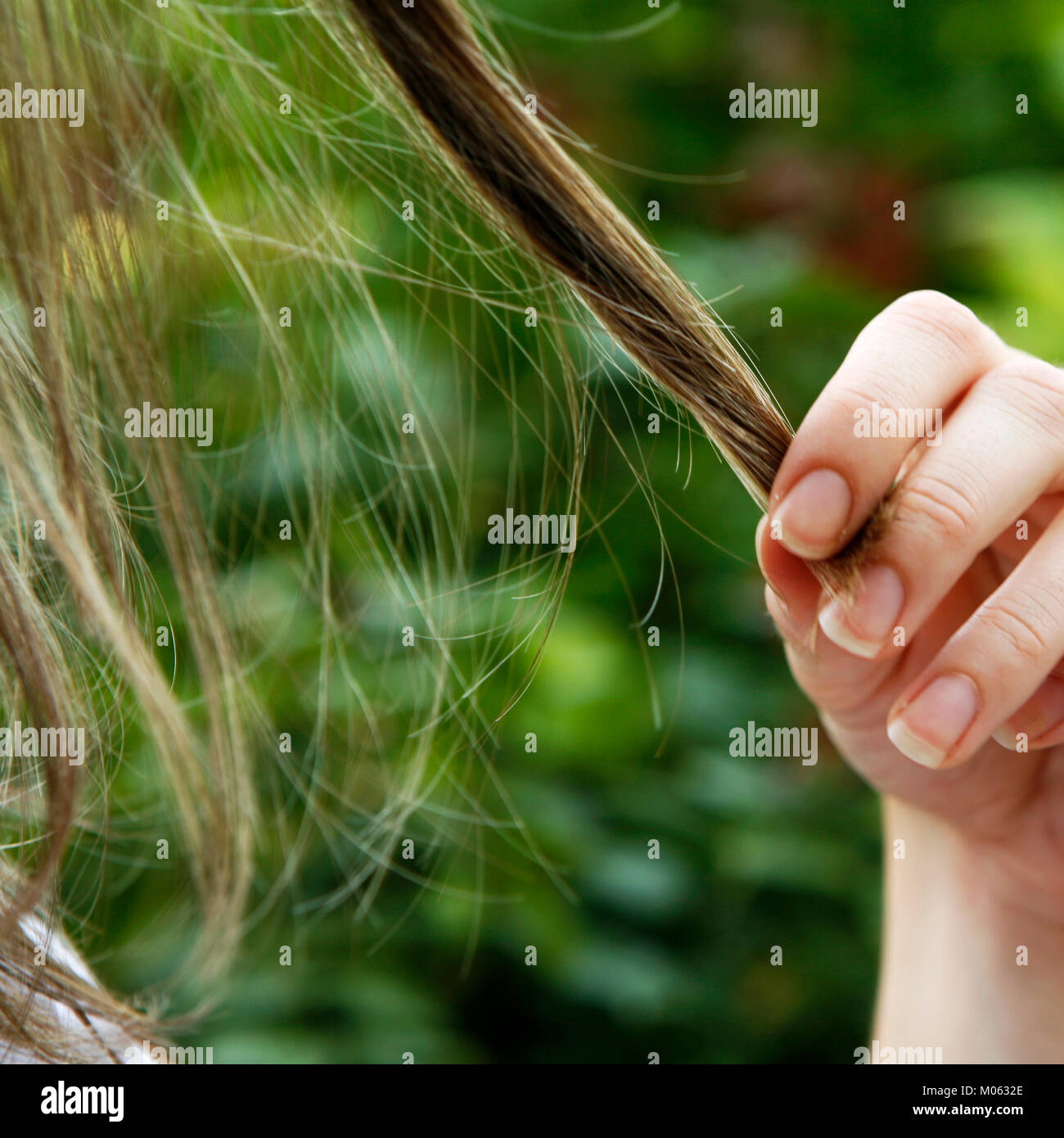 young woman touching hair Stock Photo Alamy