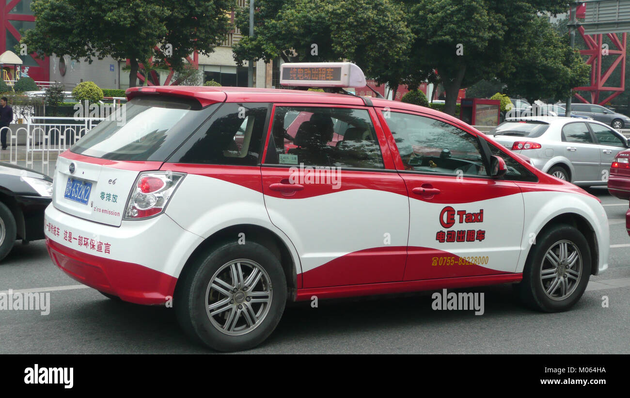 The BYD Electric Taxi is a fully electric vehicle designed for urban transportation. It represents advancements in clean energy vehicles and is part of a global shift towards eco-friendly public transportation options. Stock Photo