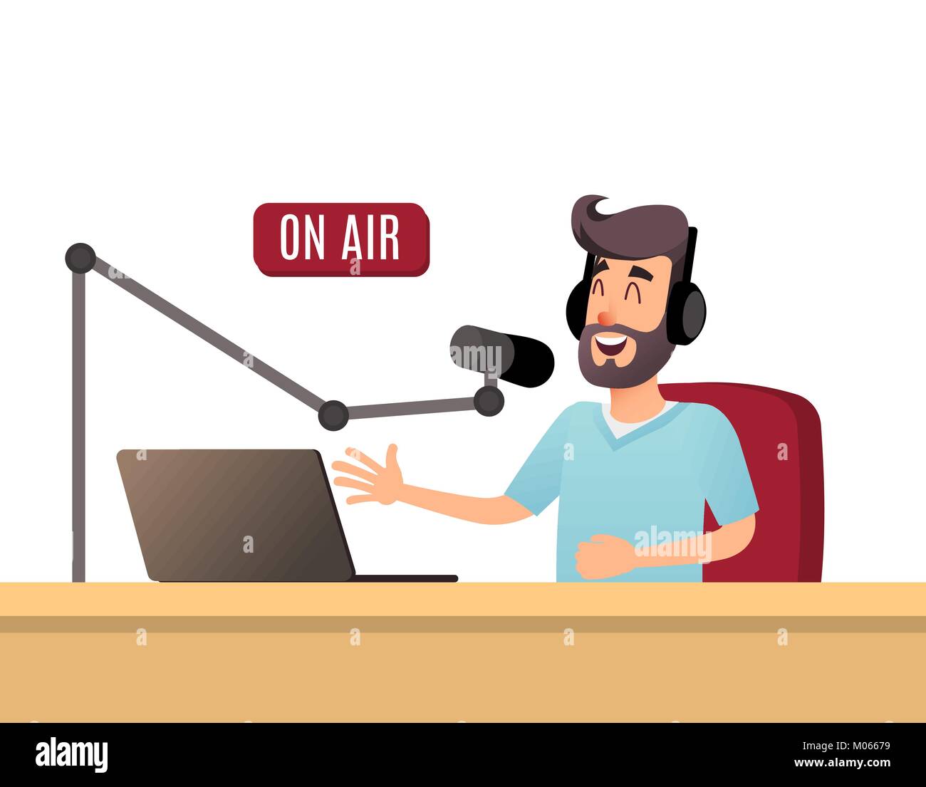 The radio presenter is talking on the air. A young radio DJ in headphones  is working on a radio station. Broadcasts flat design vector illustration  Stock Vector Image & Art - Alamy