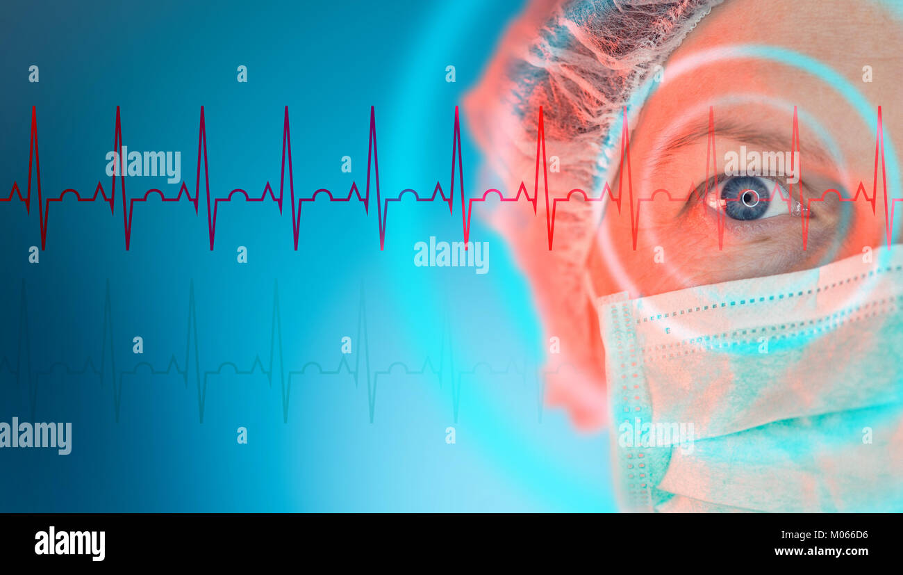 Female cardiologist, cardiology specialist with protective mask close up portrait in medical hospital clinic Stock Photo