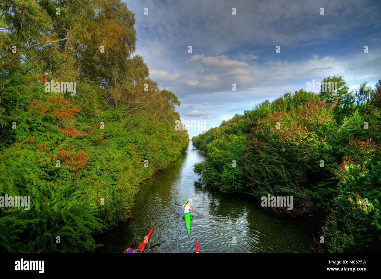 Painting 'Canoe al fiume Ciane' depicts a peaceful scene along the ...