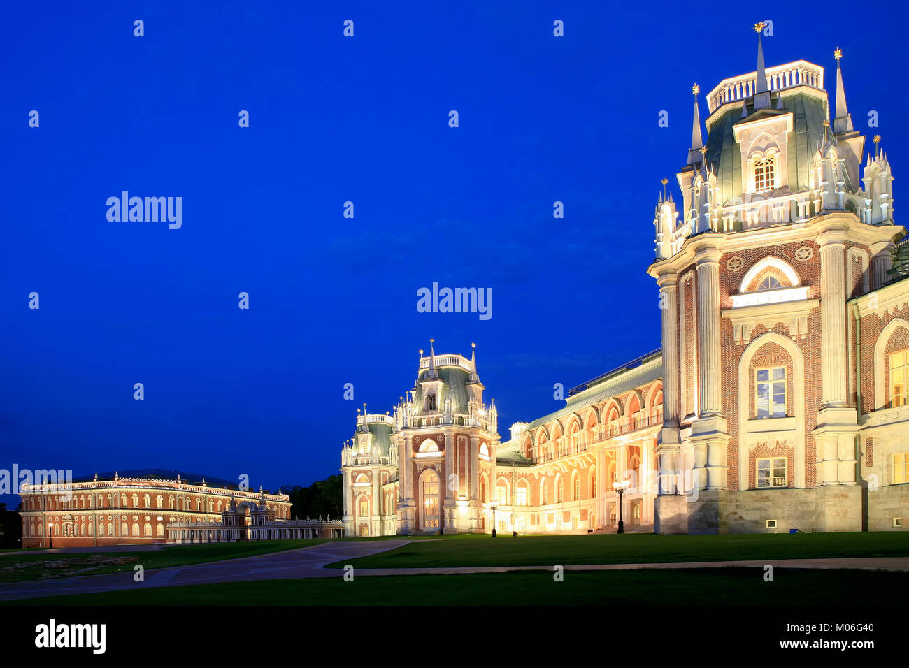 Facade of the 18th century Neo-Gothic (Gothic Revival) Tsaritsyno Palace in Moscow, Russia at twilight Stock Photo