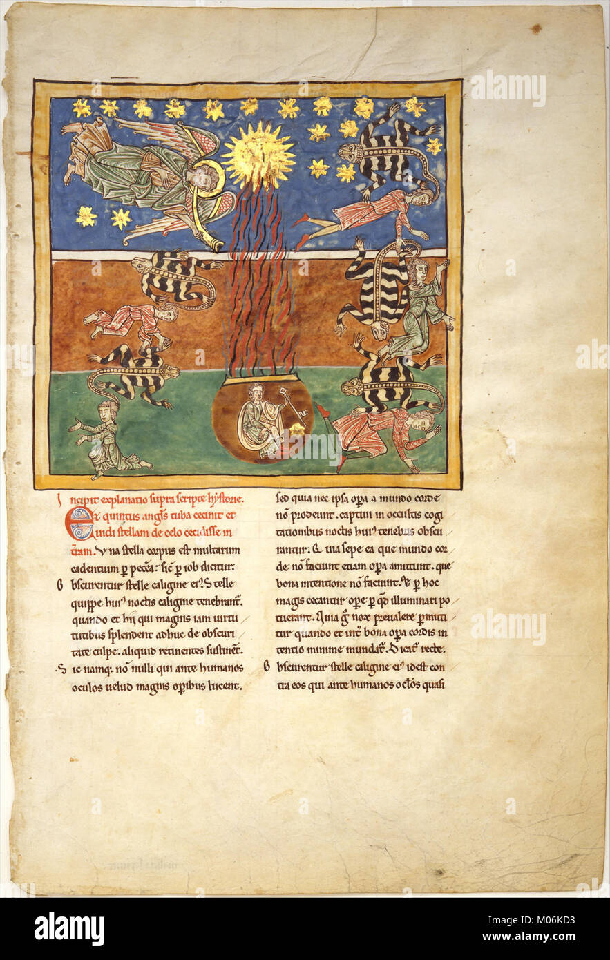 This leaf from a Beatus manuscript depicts a vivid scene from the Apocalypse, featuring the fifth angelâ€™s trumpet, a star falling from the sky, and locusts tormenting the Earth. The intricate illustrations emphasize biblical themes and apocalyptic imagery. Stock Photo