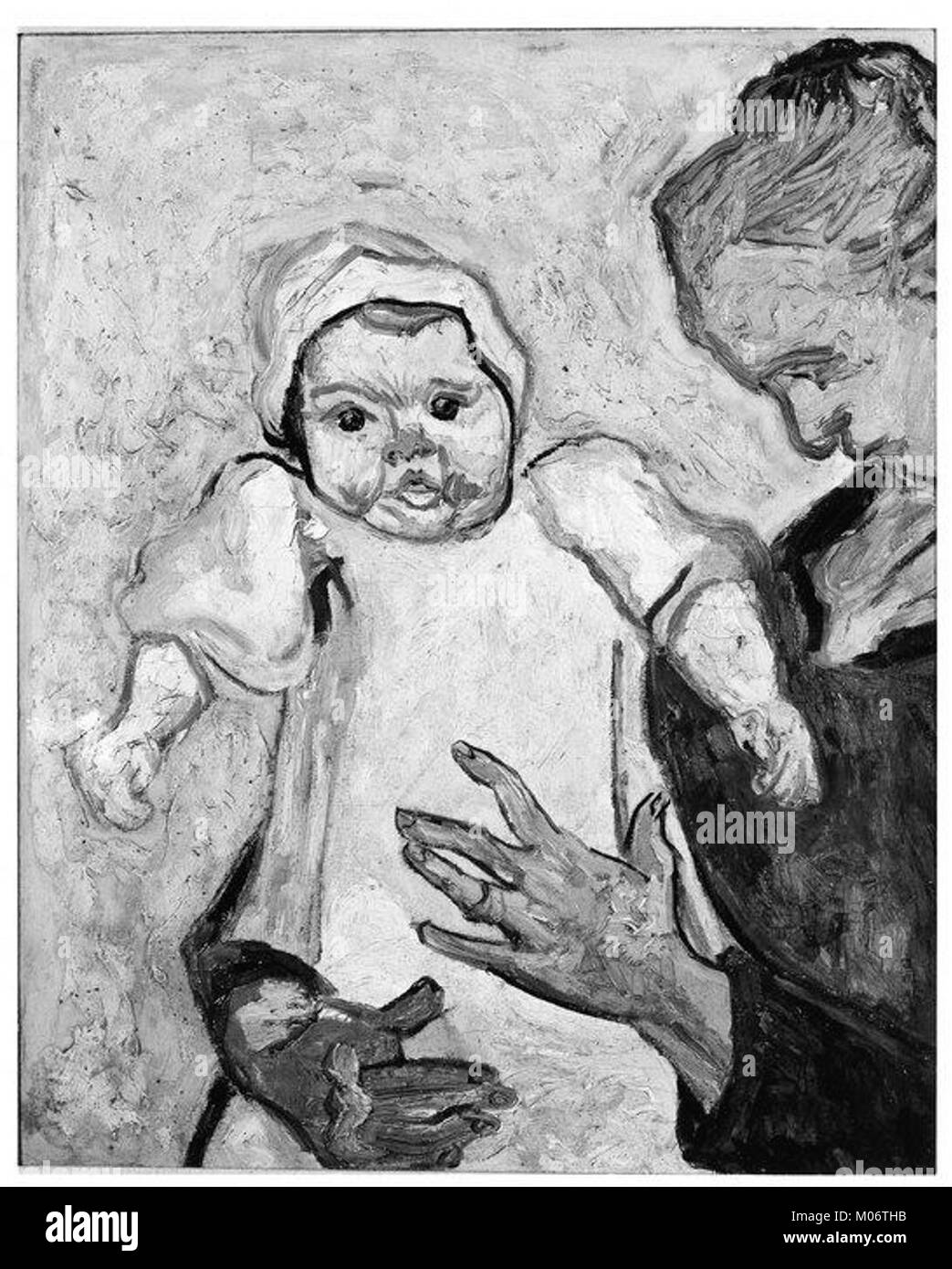 This painting by Vincent van Gogh, titled *Madame Roulin and Her Baby*, depicts the maternal bond and warmth in a tender and expressive manner. The artist's brushstrokes capture the emotion and essence of the moment, showcasing his signature impasto technique. Stock Photo