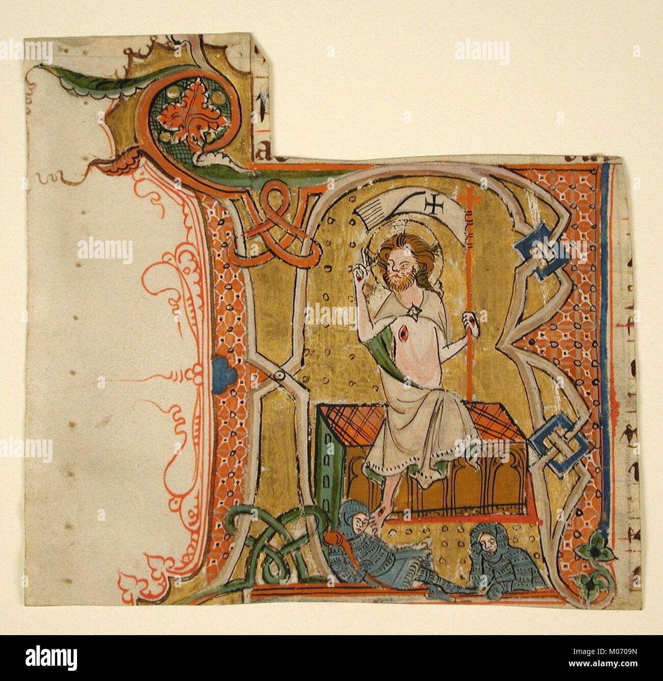 Manuscript Leaf Showing an Illuminated Initial R with The Resurrection MET tem2321-1 Stock Photo