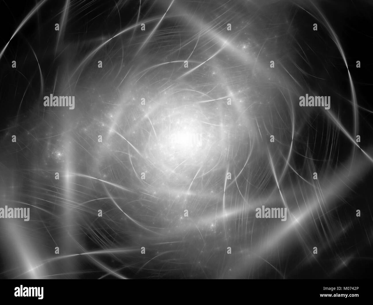 Glowing strings and trajectories in space , quantum hole, black and white texture, computer generated abstract background, 3D rendering Stock Photo
