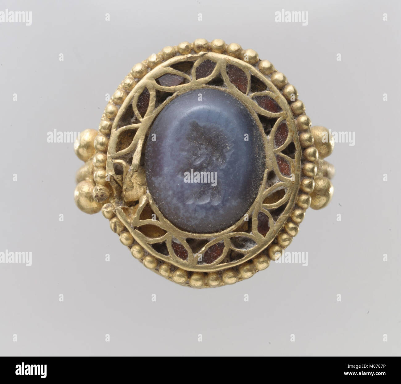 This intaglio, set in a ring, features an intricately carved design, highlighting the skill and precision of ancient gem engraving. It is part of The Metropolitan Museum of Art's collection. Stock Photo