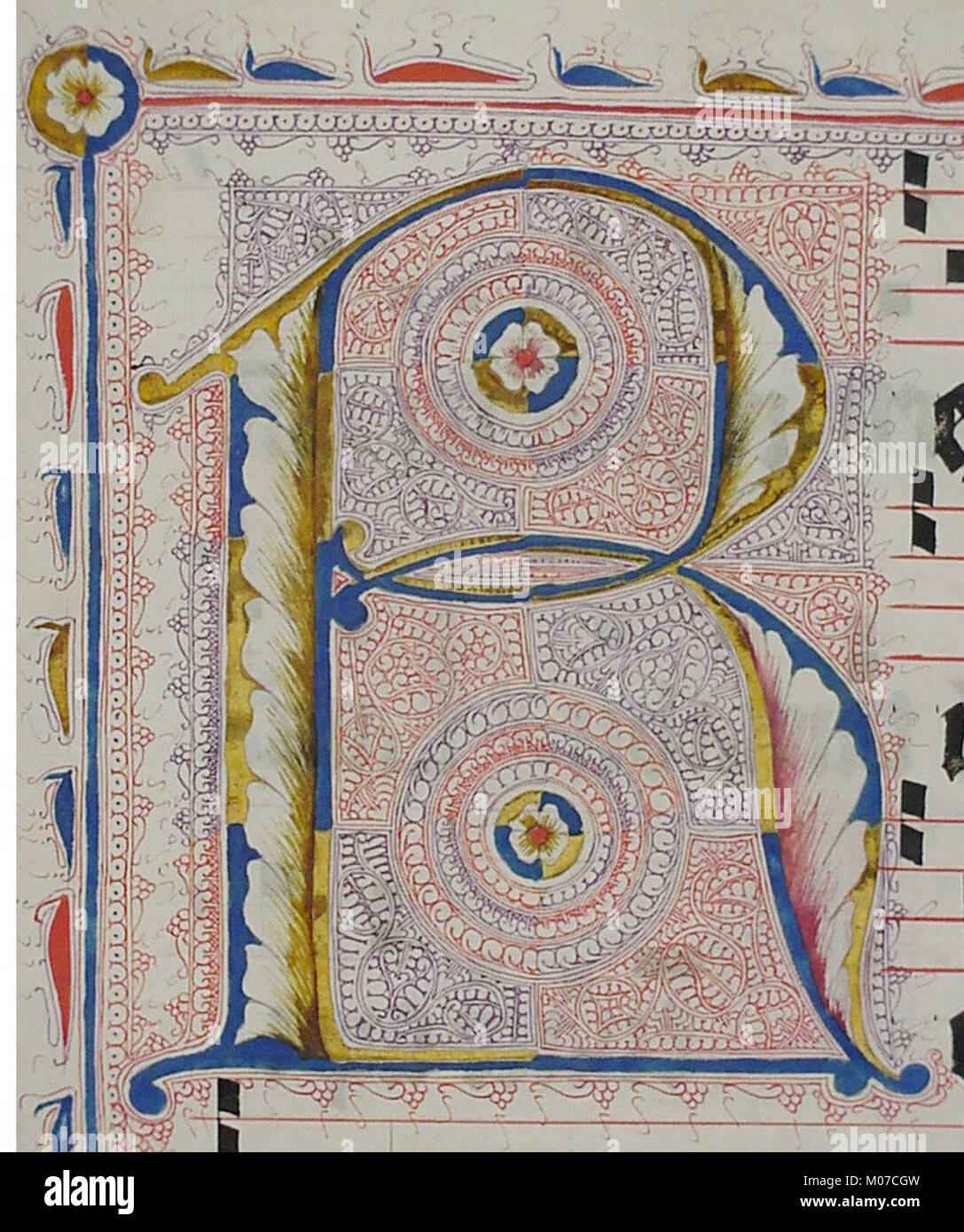 This manuscript leaf features an ornate initial 'R' from an antiphonary ...