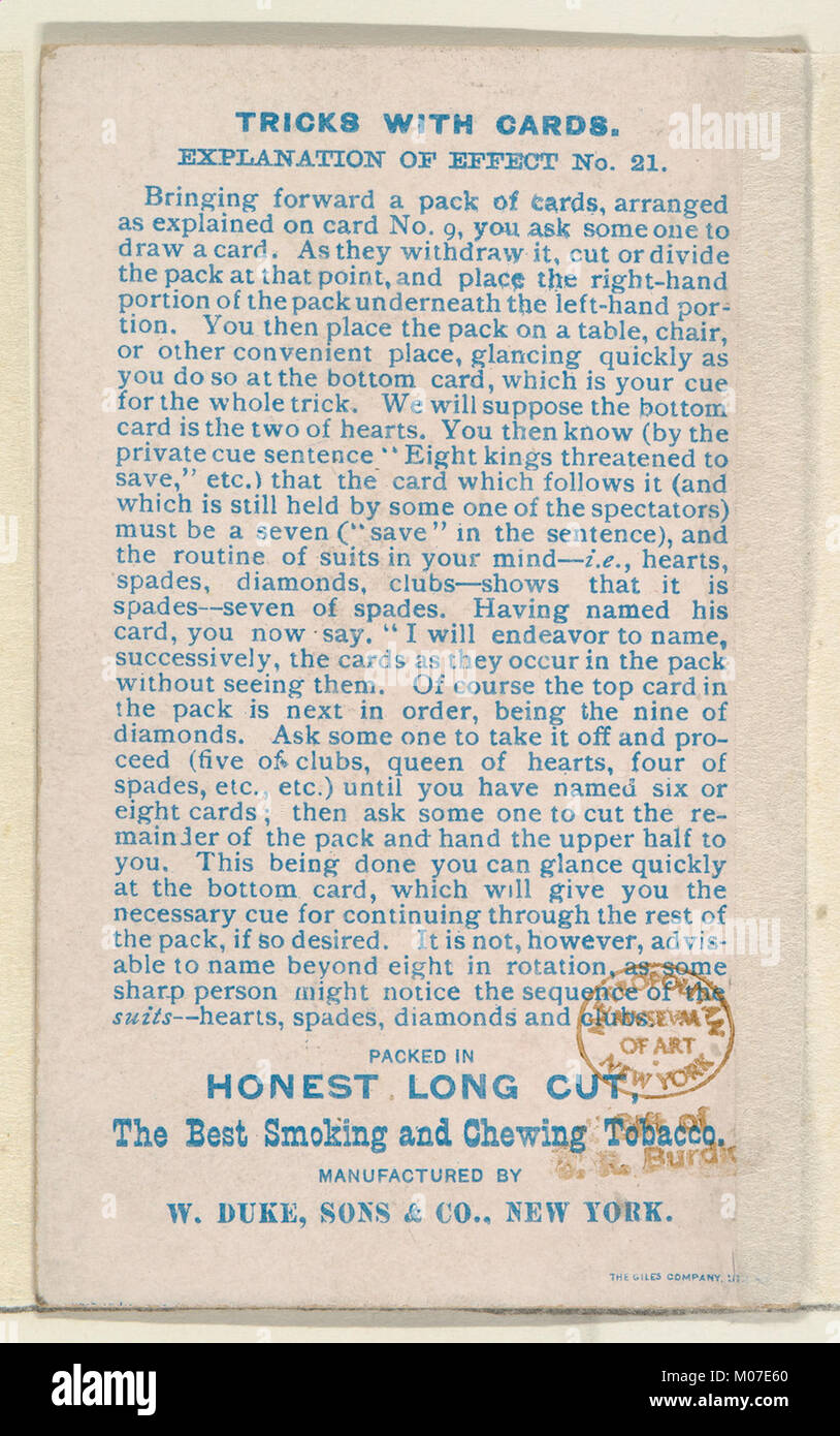 This illustration features Number 5 from the Tricks with Cards series,  created to promote Honest Long Cut Tobacco, showcasing historical  advertising and graphic design Stock Photo