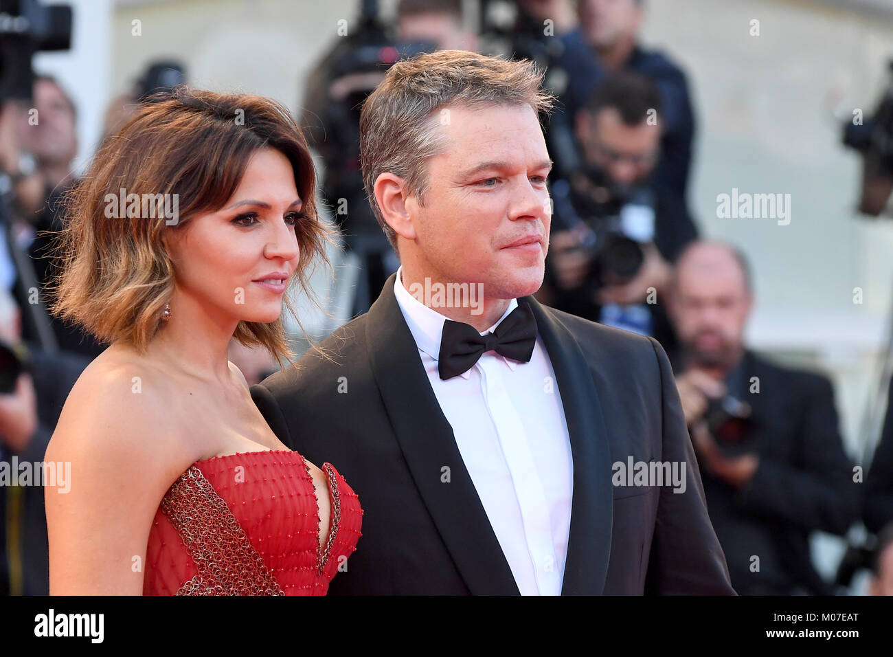 Matt Damon & Luciana Barroso attend the Opening ceremony and Downsizing Premiere during the 74th Venice Film Festival, Venice, Italy. © Paul Treadway Stock Photo