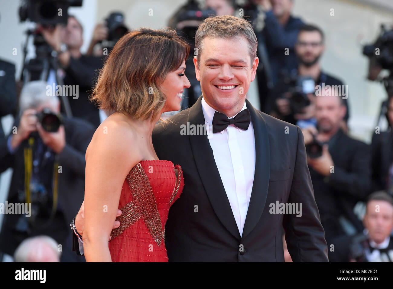 Matt Damon & Luciana Barroso attend the Opening ceremony and Downsizing Premiere during the 74th Venice Film Festival, Venice, Italy. © Paul Treadway Stock Photo