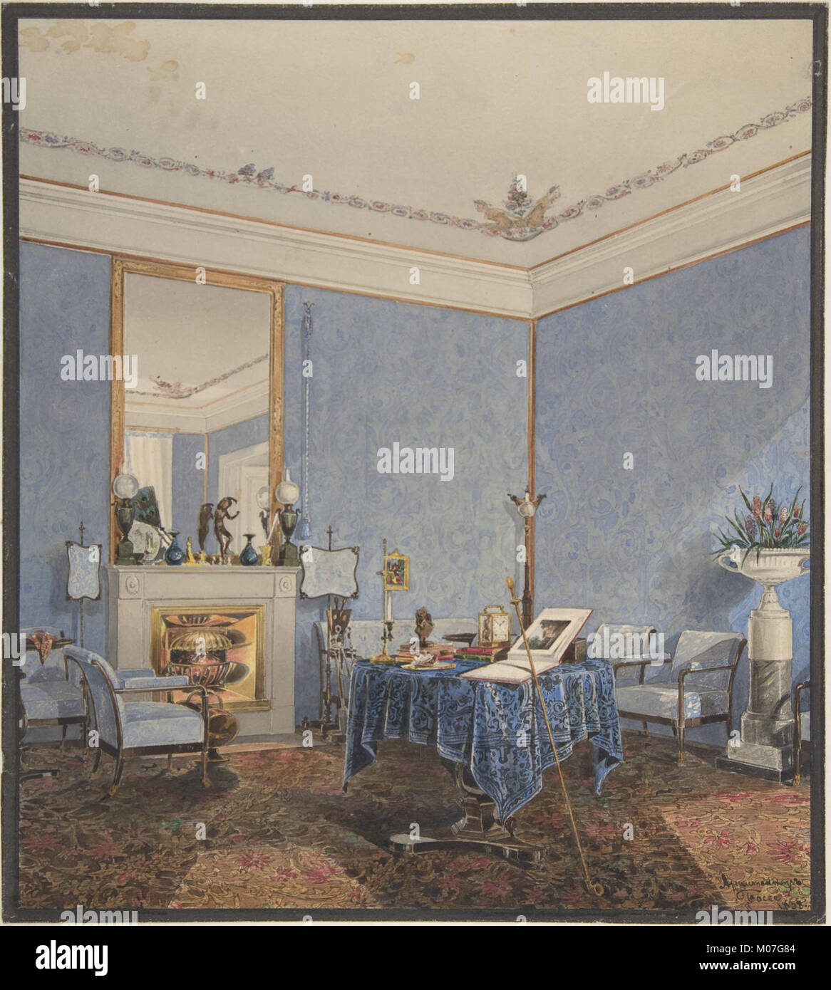 The drawing room interior illustrates period architecture, decorative ...