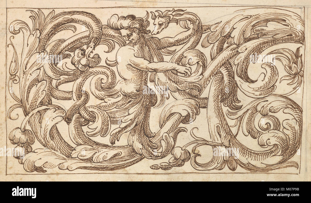 This horizontal panel design features a man and two fantastical ...