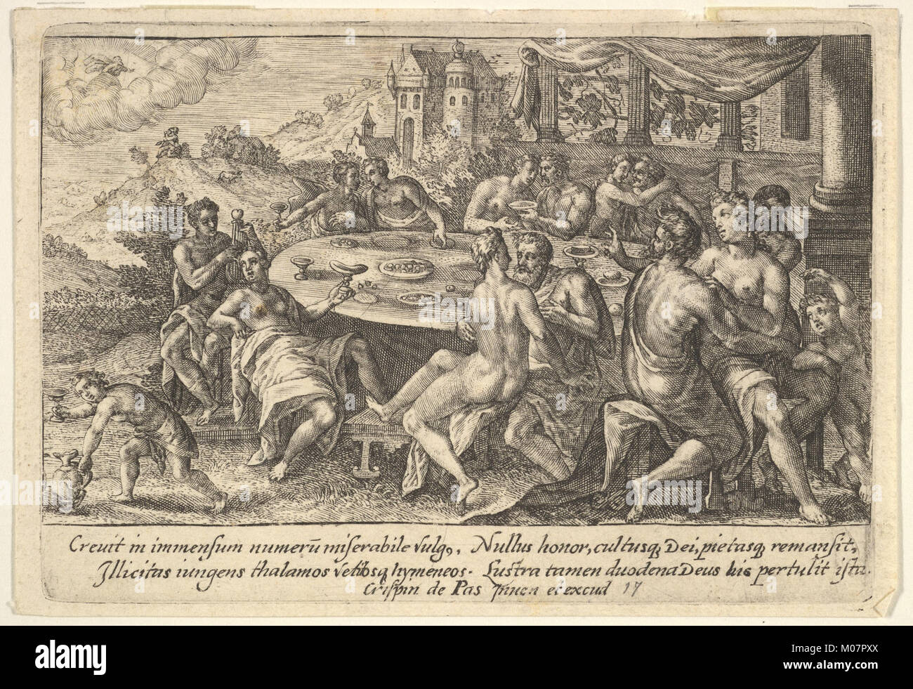 Mankind surrendering to lechery before the Flood- embracing couples on benches around a table with food and drink, from a series of engravings made for the first edition of the 'Liber Genesis' MET DP828355 Stock Photo