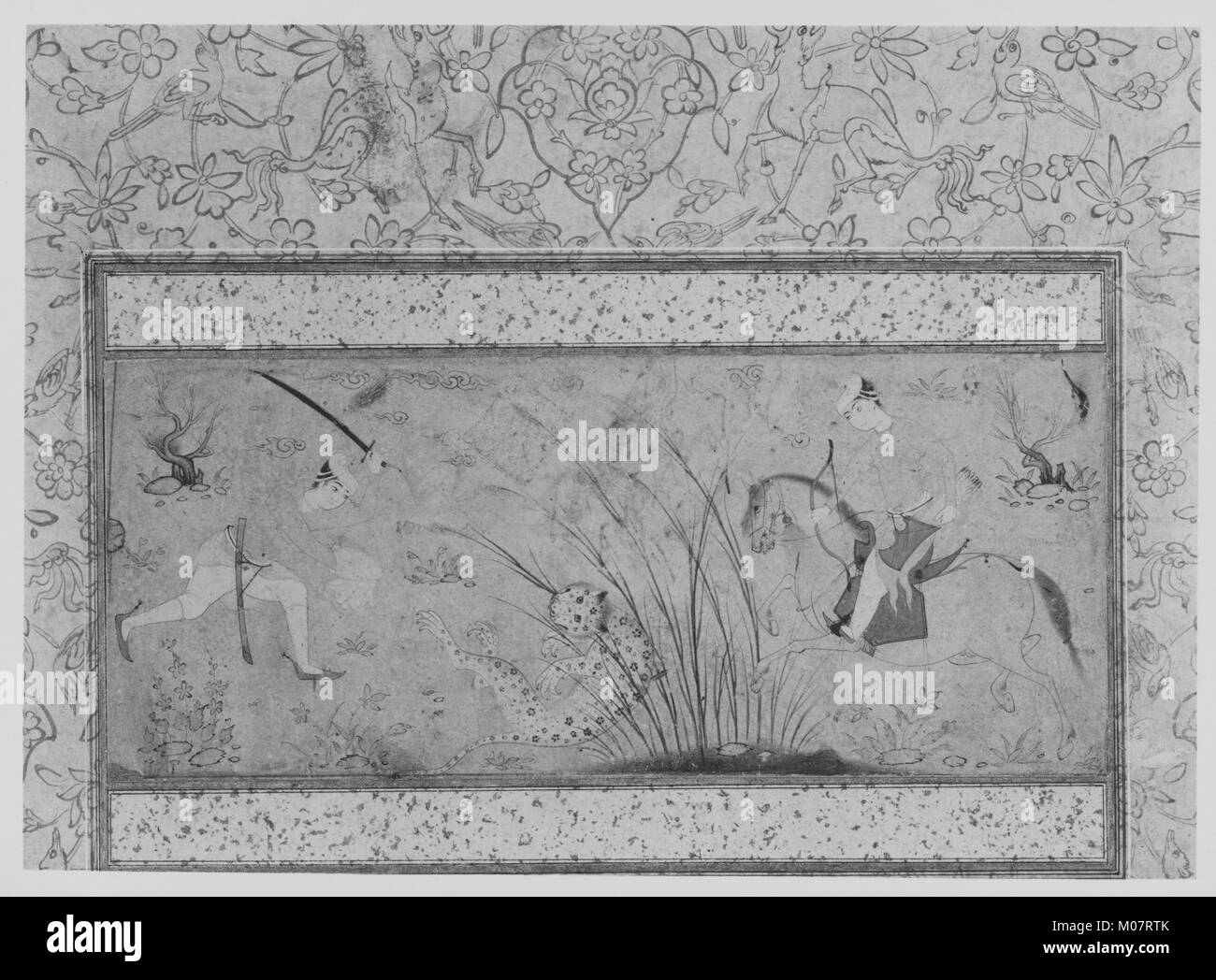 This artwork depicts a dynamic hunting scene, showcasing hunters in ...