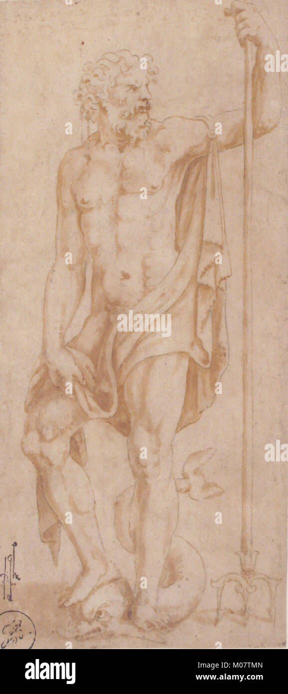 A depiction of Neptune, the Roman god of the sea, holding a trident and ...