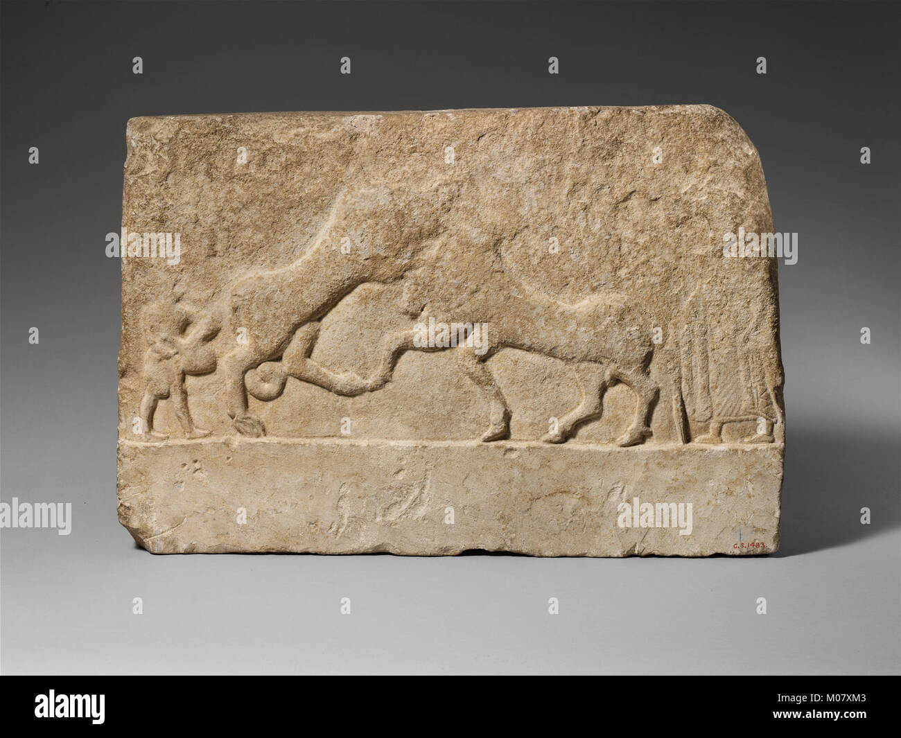 Limestone votive relief with a lion killing a bull and two human figures MET DP211210 Stock Photo
