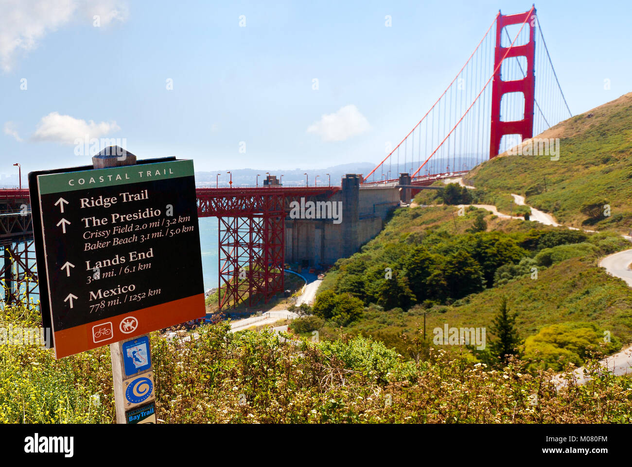 California Coastal Trail sign foreground close up with the Golden Gate Bridge in the background Stock Photo
