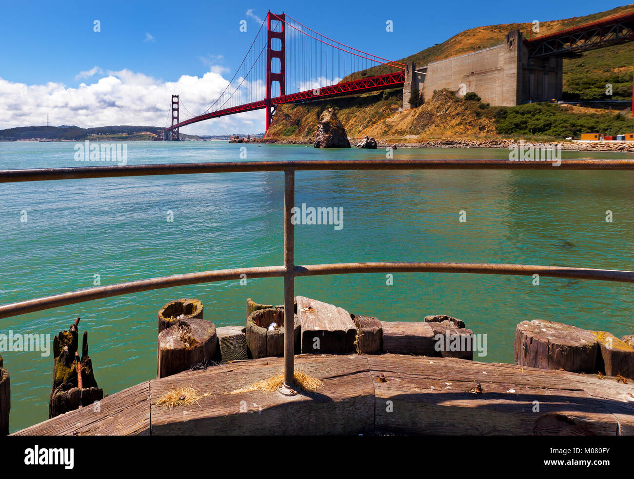 Golden Gate Bridge viewed from the Fort Baker wooden pier at the northern end of the bridge. Stock Photo