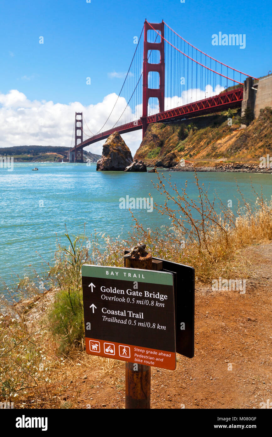 Golden Gate Bridge coastal trail sign Stock Photo