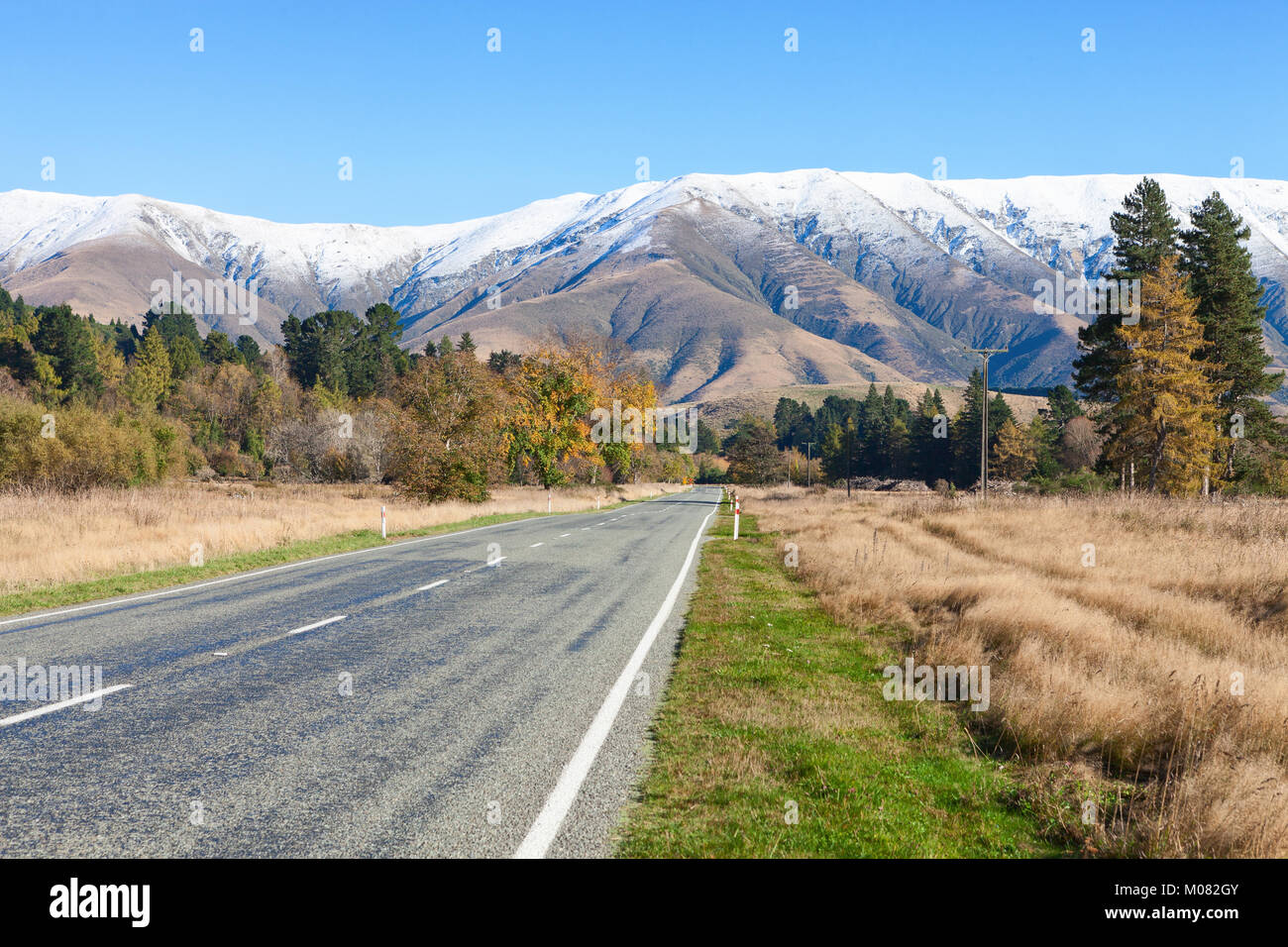 Straight road  to the  mountainous, Canterbury region, NZ Stock Photo