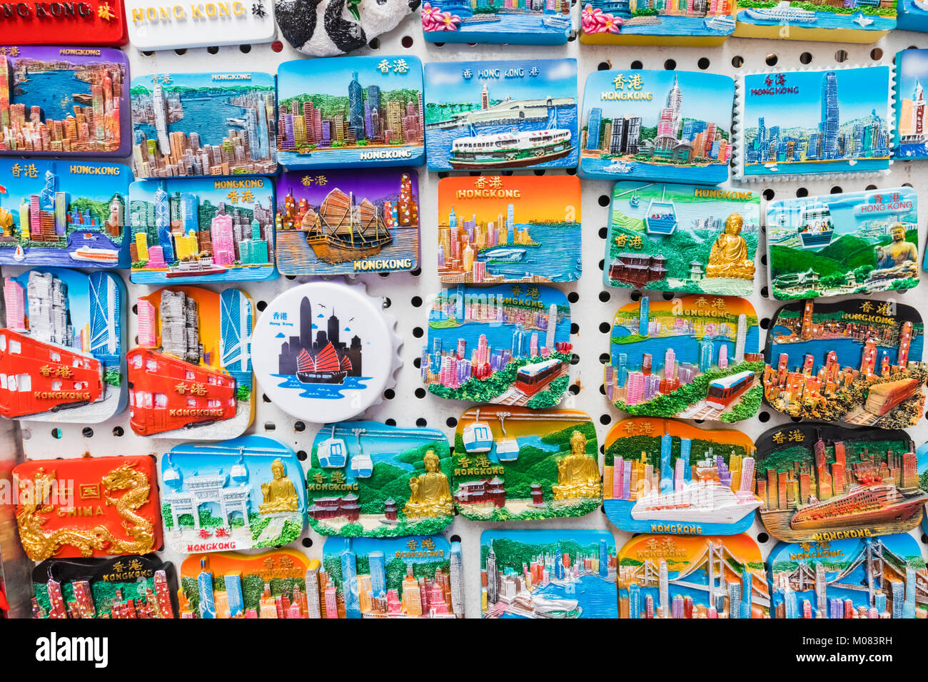 China, Hong Kong, Mong Kok, Ladies Market, Display of Souvenir Fridge Stock Photo Alamy