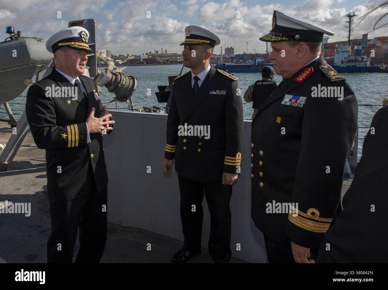 ALEXANDRIA, Egypt (Jan. 17, 2017) Cmdr. Peter Halvorsen, commanding officer of the Arleigh Burke-class guided-missile destroyer USS Carney (DDG 64) gives a ship's tour to Egyptian Navy Rear Adm. Ehab Mohamed Sobhy, commander of the Alexandria Naval Base during a port visit in Alexandria, Egypt. Carney, forward-deployed to Rota, is on its fourth patrol in the U.S. 5th Fleet area of operations in support of maritime security operations to reassure allies and partners and preserve the freedom of navigation and free flow of commerce in the region. (U.S. Navy Stock Photo