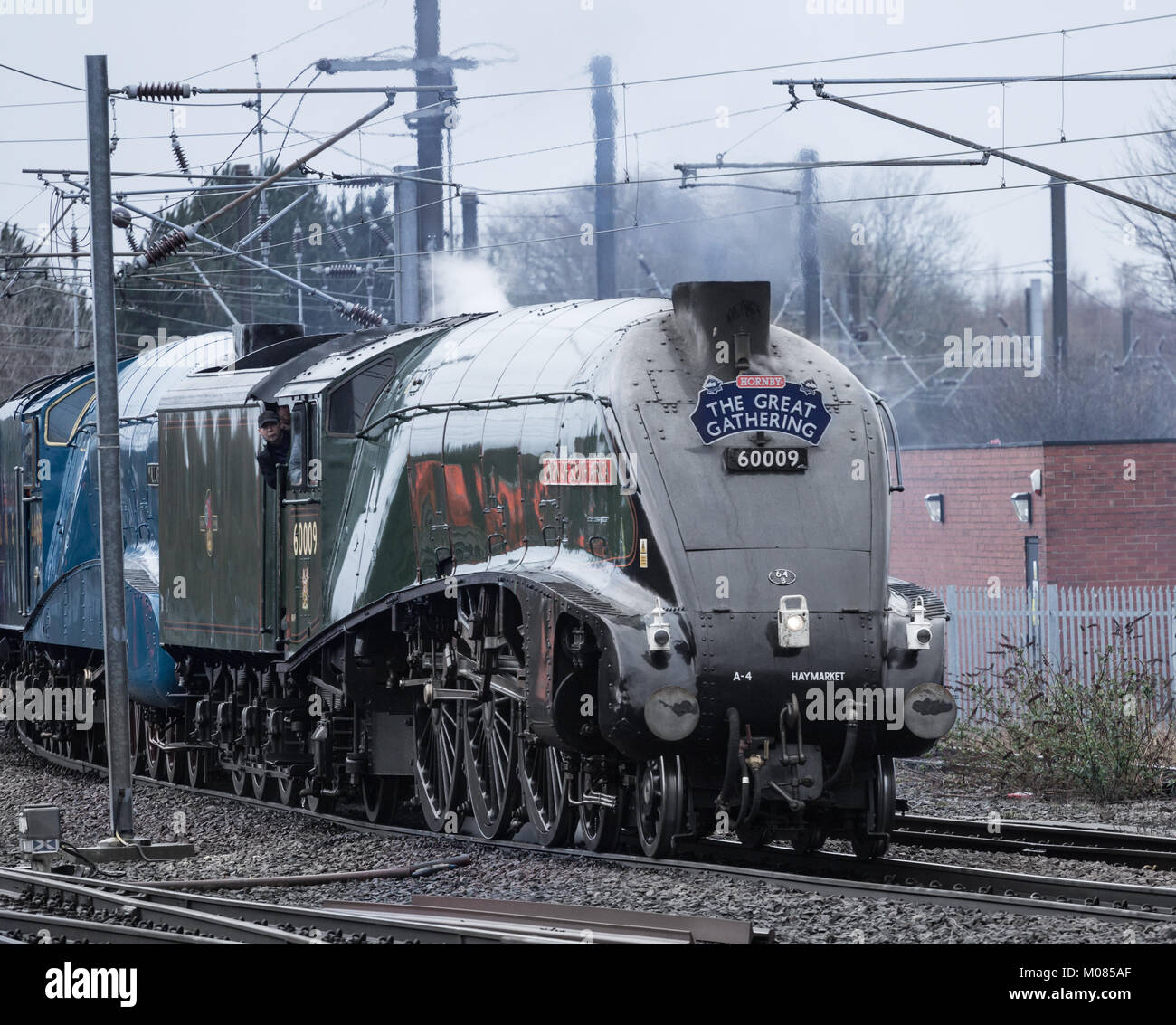 Union of South Africa steam train passing through Darlington station on its way to Shildon railway museum. UK Stock Photo