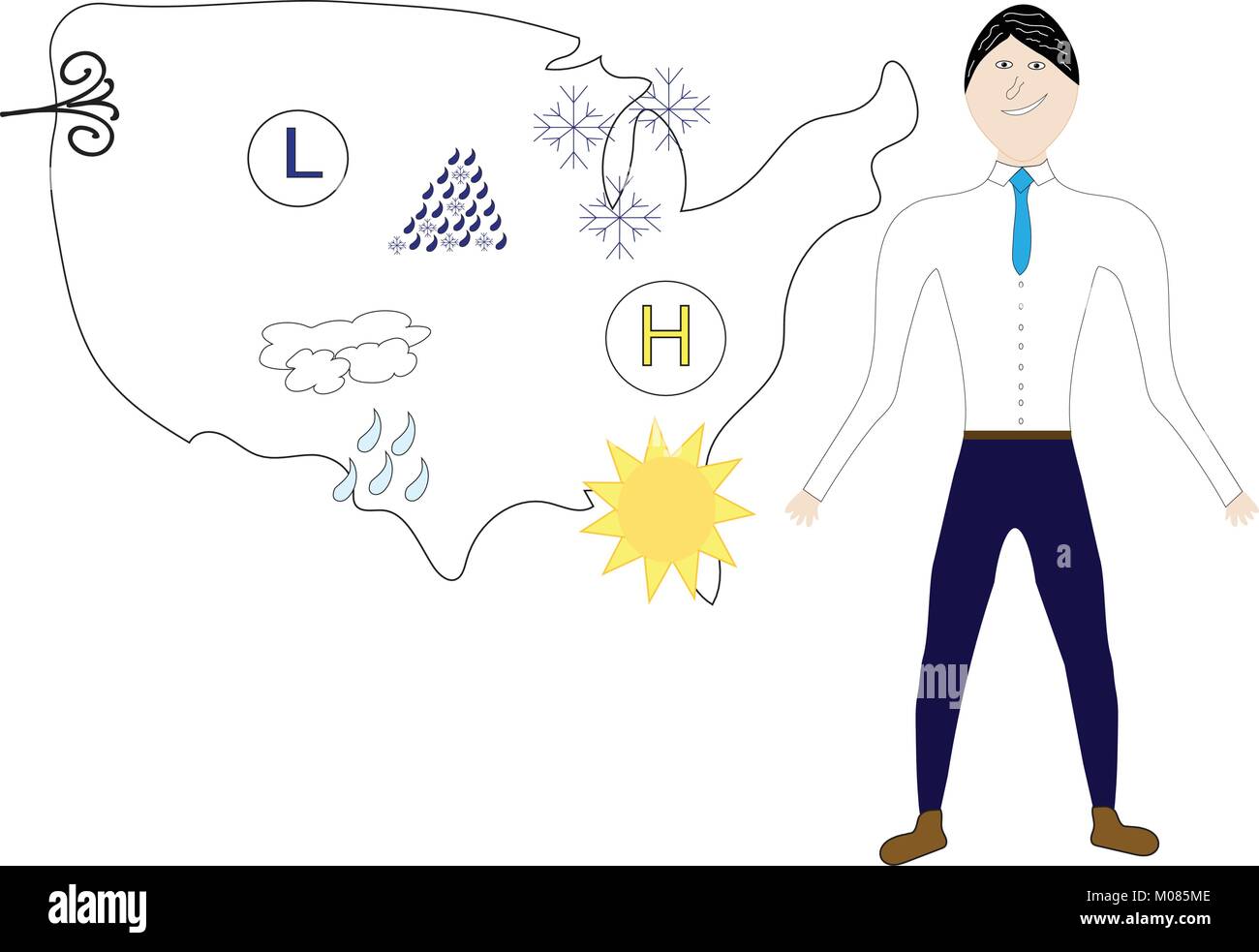 Weatherman standing in front of US map with weather icons. Stock Vector