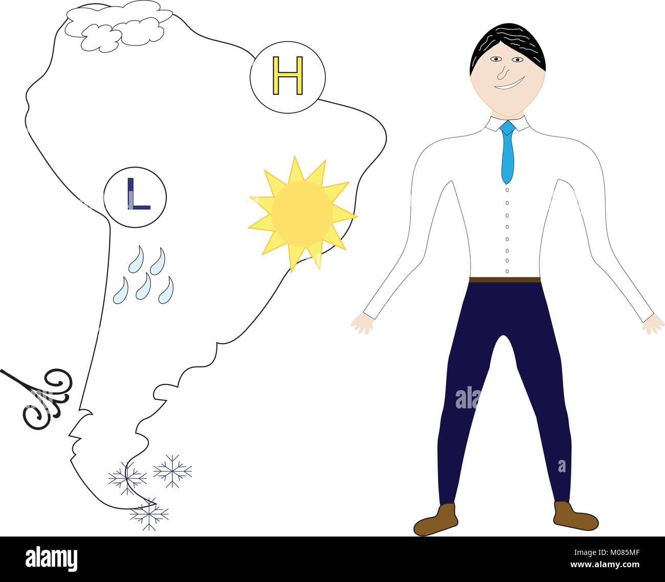 Weatherman standing in front of South America map with weather icons. Stock Vector