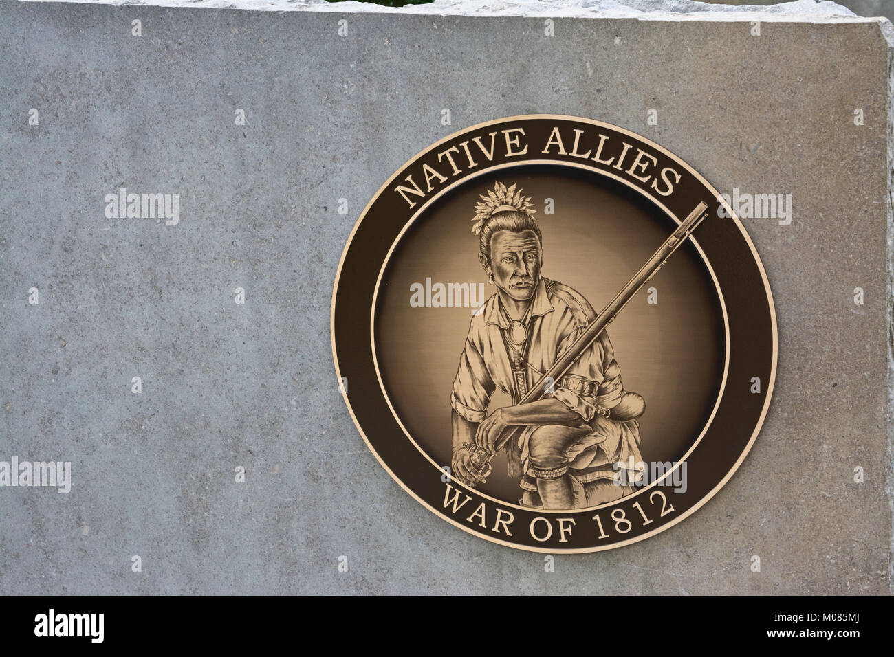 One of the commemorative plaques recognizing the contribution of First Nations peoples (Native Allies) in the War of 1812.  In Queenston Heights, ON. Stock Photo