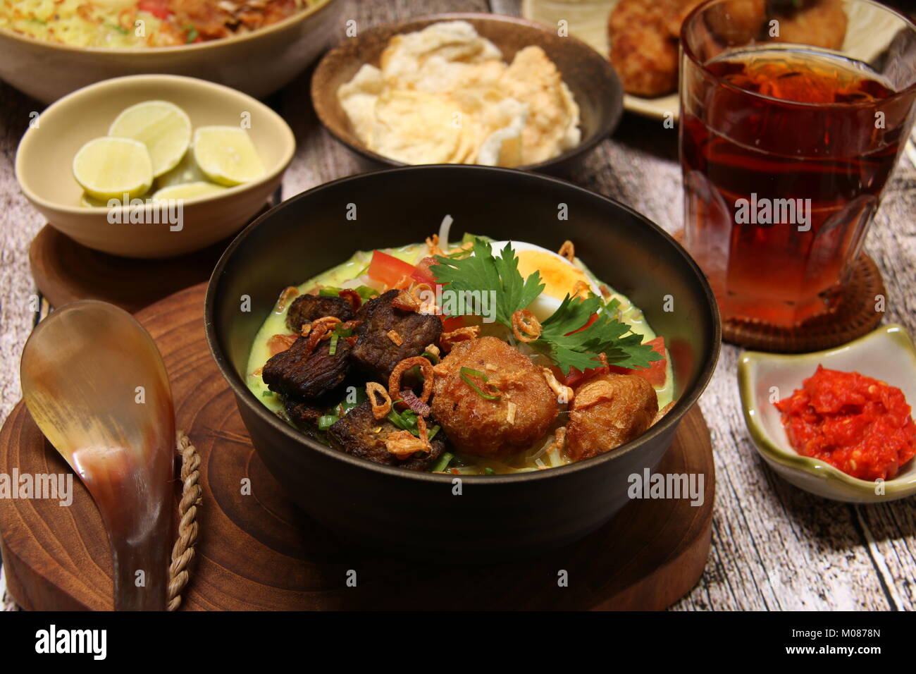 Soto Medan, the Beef and Coconut Milk Soup from Medan, North Sumatra Stock Photo