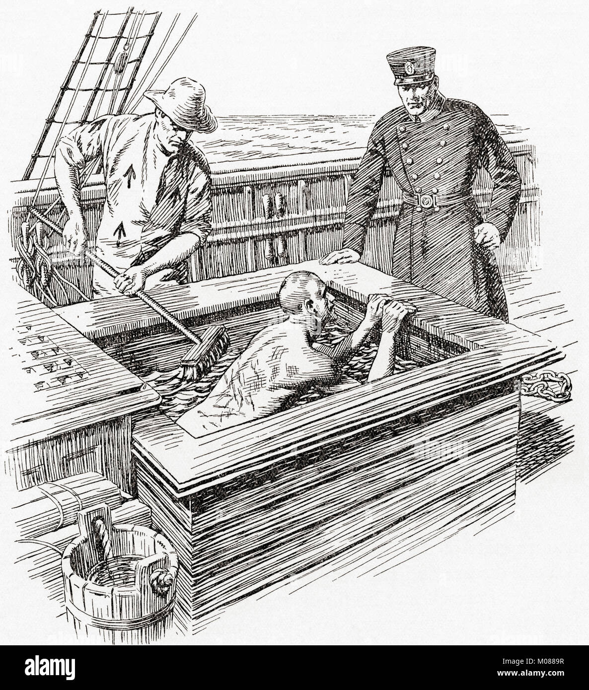 The Brine Bath on board a prison hulk in the early 19th century. The brine bath aka coffin bath was where the prisoners were put after being flogged, their backs were scubbed with salt water causing dreadful suffering.  From The Martyrs of Tolpuddle, published 1934. Stock Photo