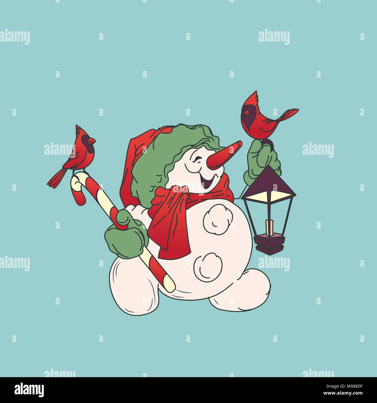 Cute smiling snowman with candy cane and Christmas lantern, card Stock Vector