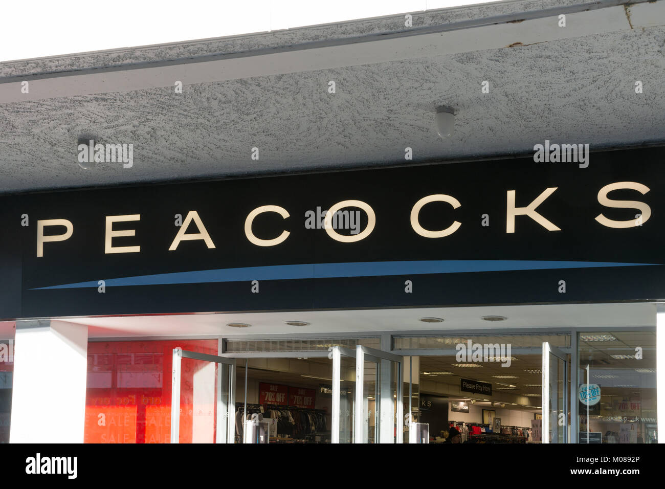 Peacocks discount fashion shop front and sign, UK Stock Photo