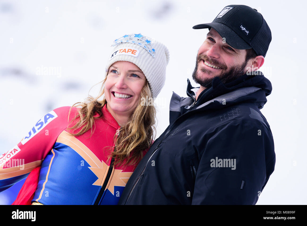 Cortina D'ampezzo, Italy. 19th Jan, 2018. Julia Mancuso of United States of America and her husband Dylan Fish at the Cortina d'Ampezzo FIS World Cup where julia finished her professional skiing career in Cortina d'Ampezzo, Italy on January 19, 2018. Credit: Rok Rakun/Pacific Press/Alamy Live News Stock Photo