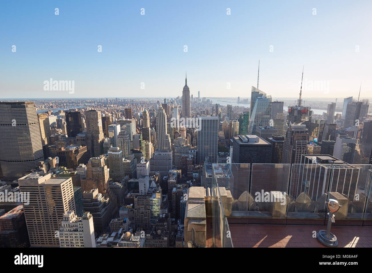 NEW YORK - SEPTEMBER 12: Rockefeller Center observation deck, city and skyline view in a clear sunny day, nobody on September 12, 2016 in New York Stock Photo