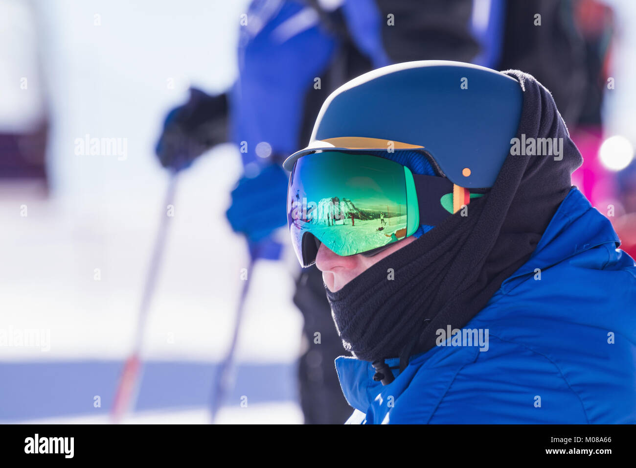 ski slope. Detail on reflective glasses 