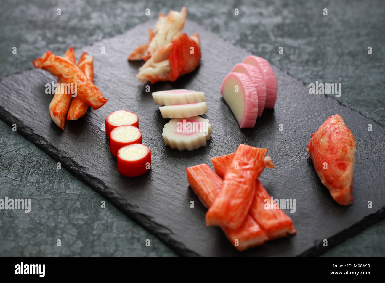 variety of surimi products, imitation crab sticks, japanese food Stock Photo