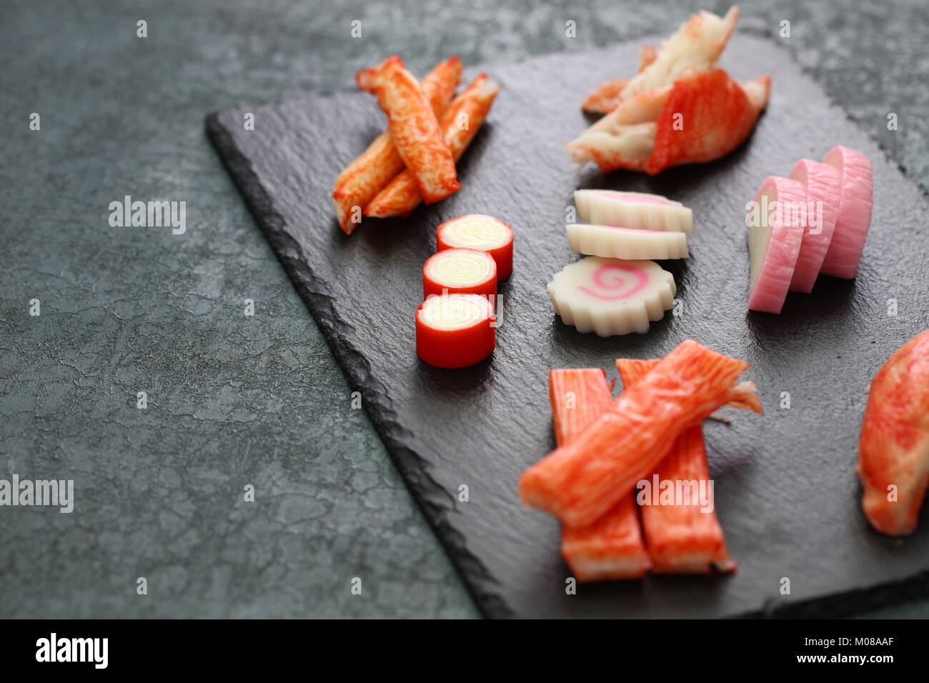 variety of surimi products, imitation crab sticks, japanese food Stock Photo