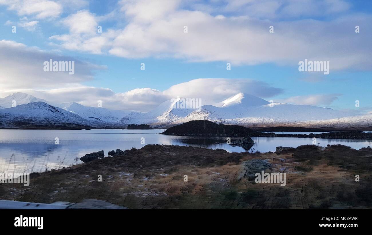 Views of Glencoe mountain range - home to the oldest ski area in the British Islands. In winter the area is a magnet for walkers, climbers and skiers. The weather patterns mean that a deceptively sunny day can quickly deteriorate often cause problems for the unwary. Stock Photo