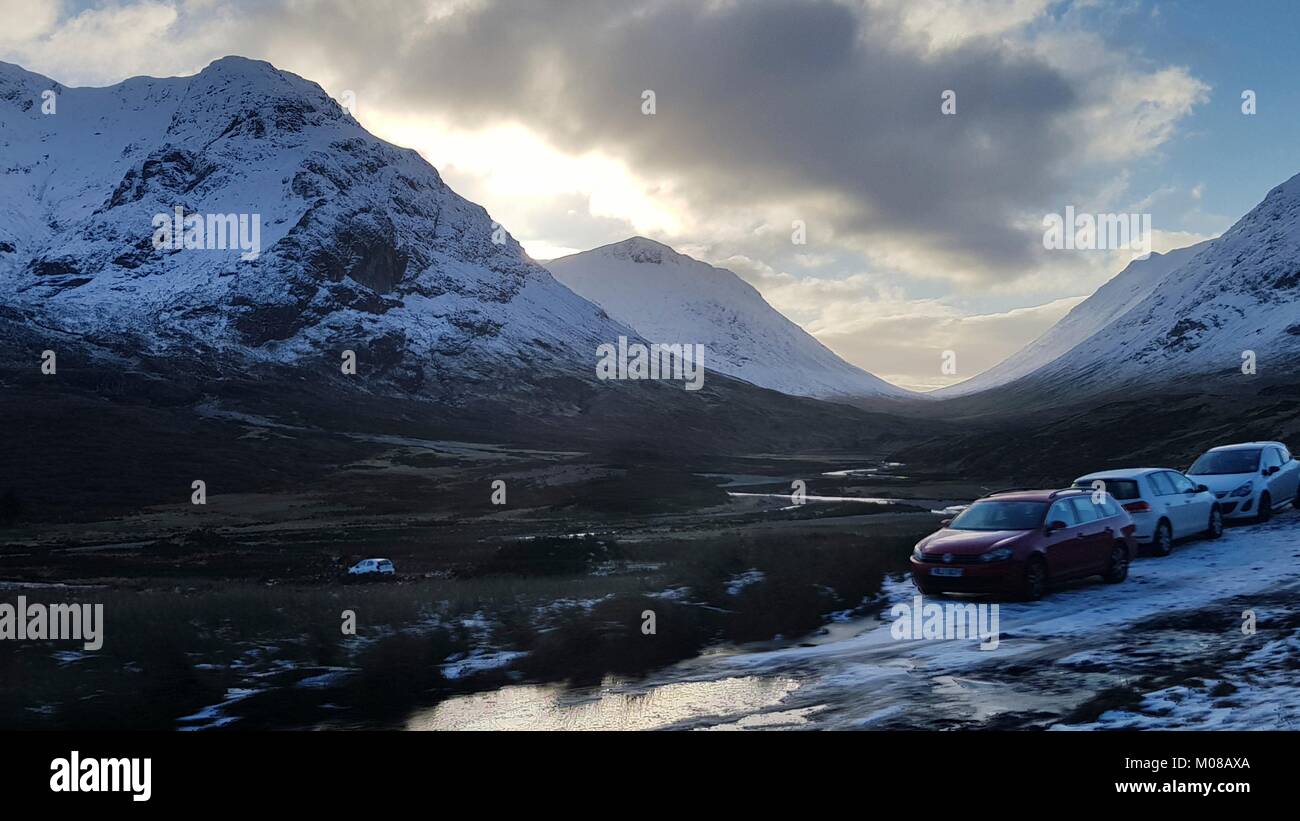 Views of Glencoe mountain range - home to the oldest ski area in the British Islands. In winter the area is a magnet for walkers, climbers and skiers. The weather patterns mean that a deceptively sunny day can quickly deteriorate often cause problems for the unwary. Stock Photo