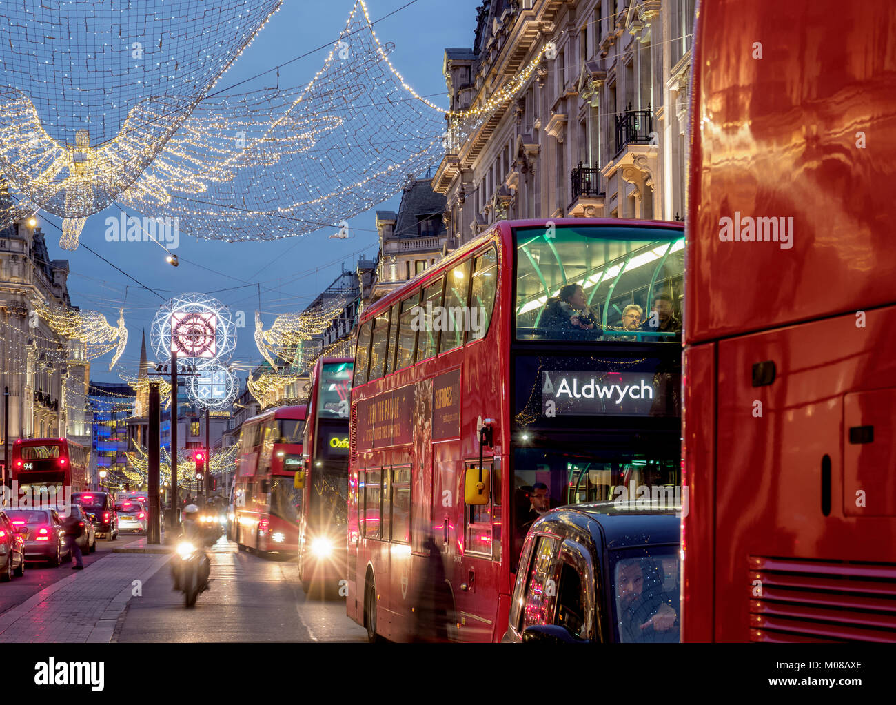 Regent Street with Christmas Illuminations at twilight, London, England, United Kingdom Stock Photo