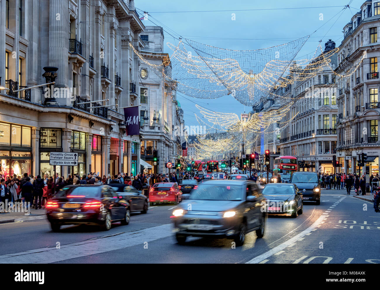 Regent Street with Christmas Illuminations at twilight, London, England, United Kingdom Stock Photo