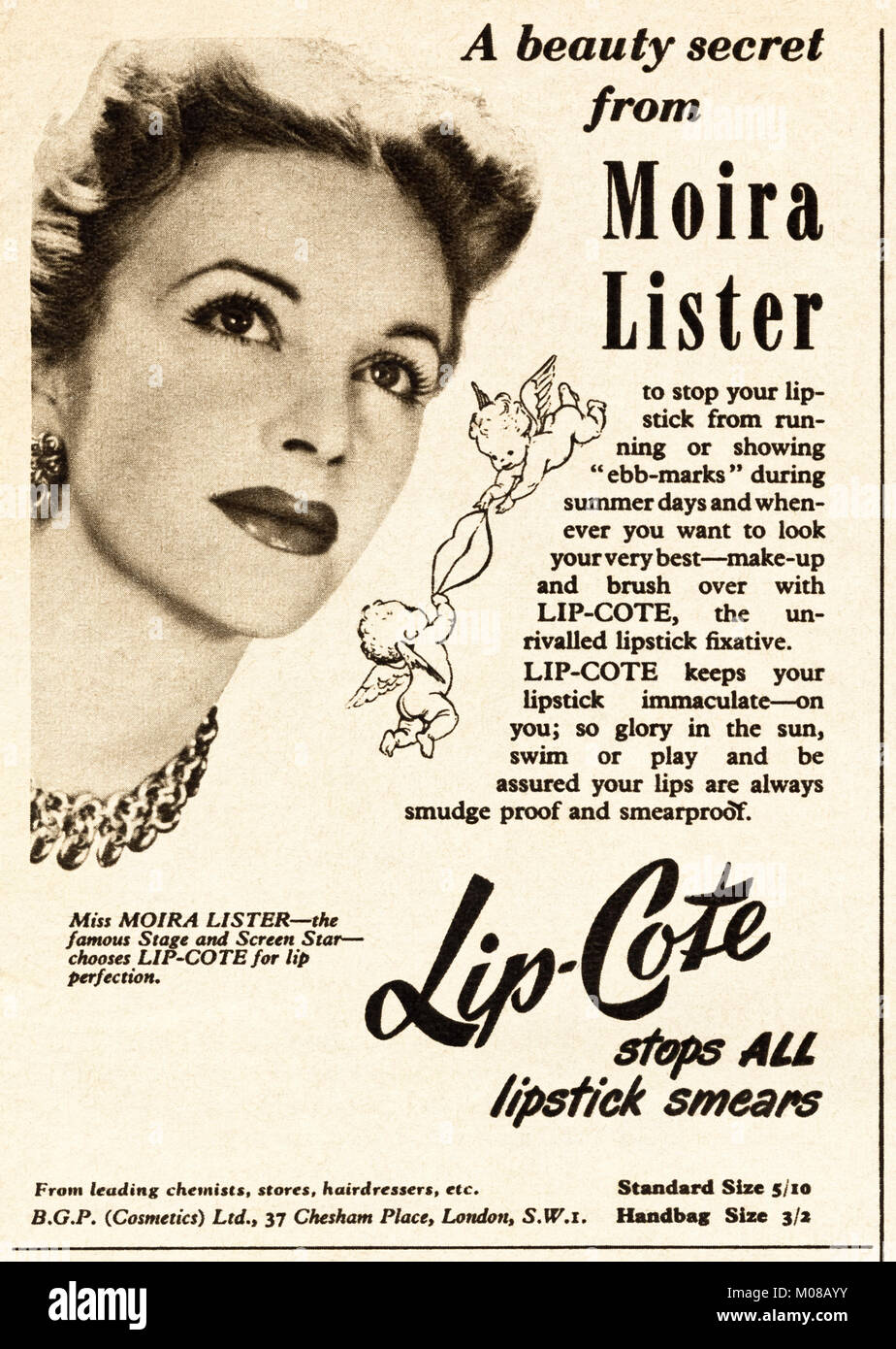 1950s old vintage original advert advertising Lip-Cote lipstick featuring Moira Lister in magazine circa 1954 Stock Photo