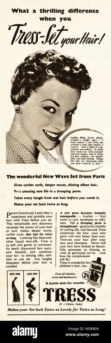 1950s old vintage original advert advertising Tress wave set by L'oreal in magazine circa 1954 Stock Photo