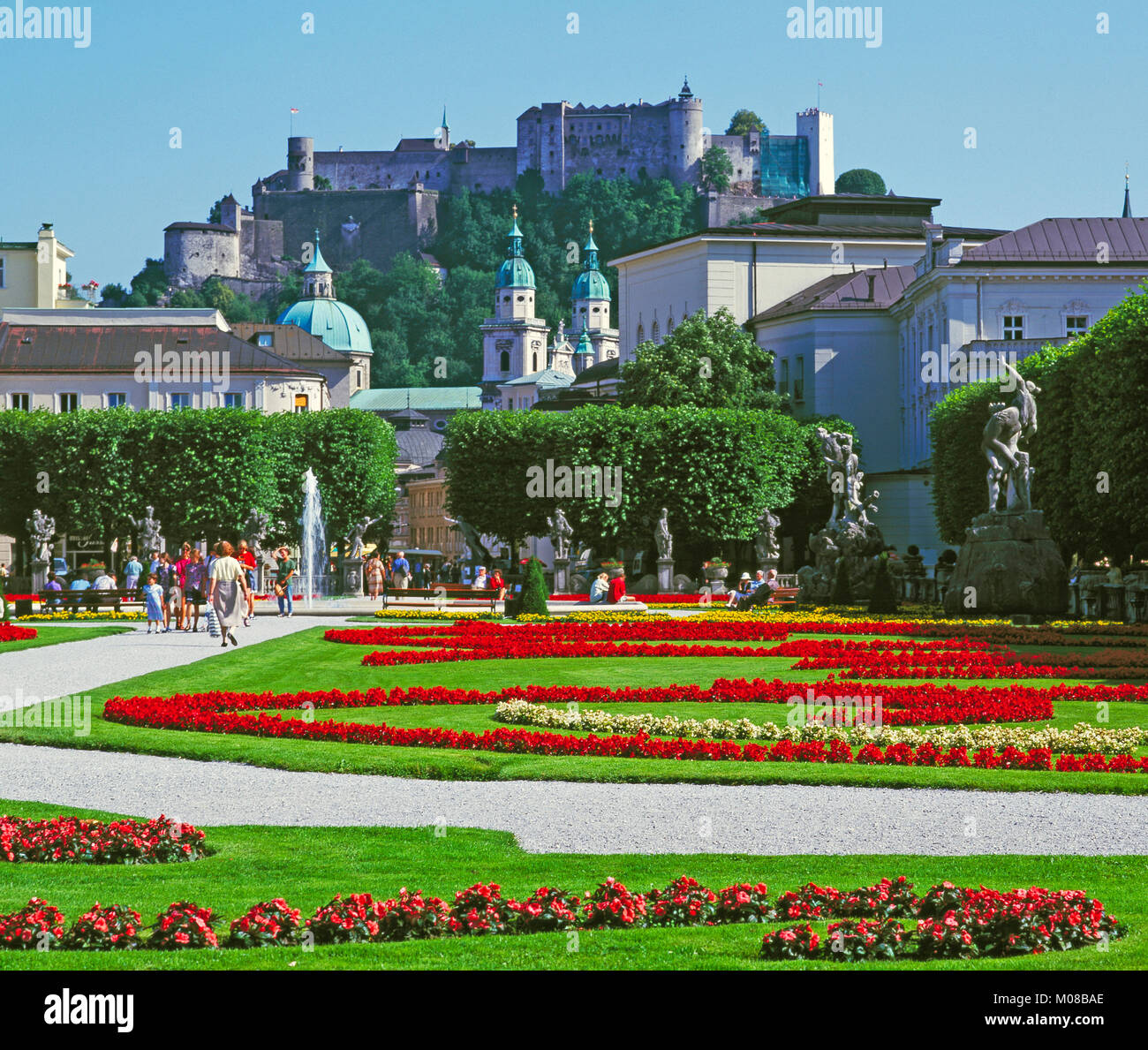 Mirabell Gardens and the Hohensallzburg Castle, Salzburg, Austria Stock Photo