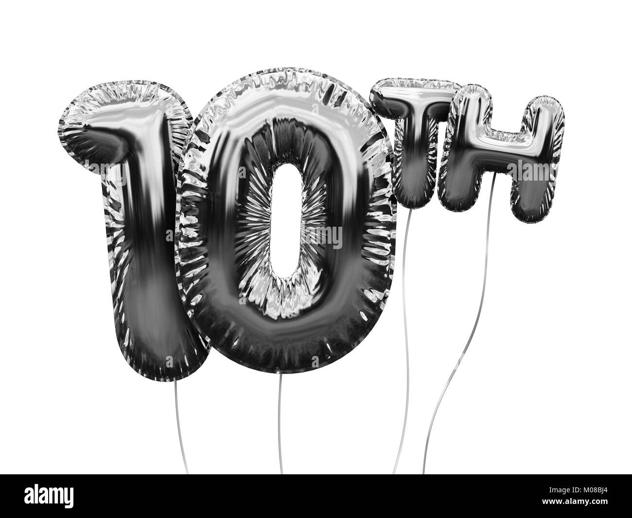 Gold number 10 foil birthday balloon isolated on white. Golden party